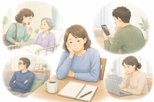 親の介護をめぐり、家族ごとの関わり方や負担の偏りに悩む女性を描いたイラスト。