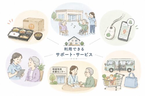 宅食サービス、見守り、デイサービス、地域包括支援センターなど、高齢者の一人暮らしを支える支援サービスをまとめたイラスト。