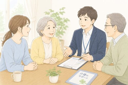家族や支援者と一緒に介護について相談している様子のイラスト