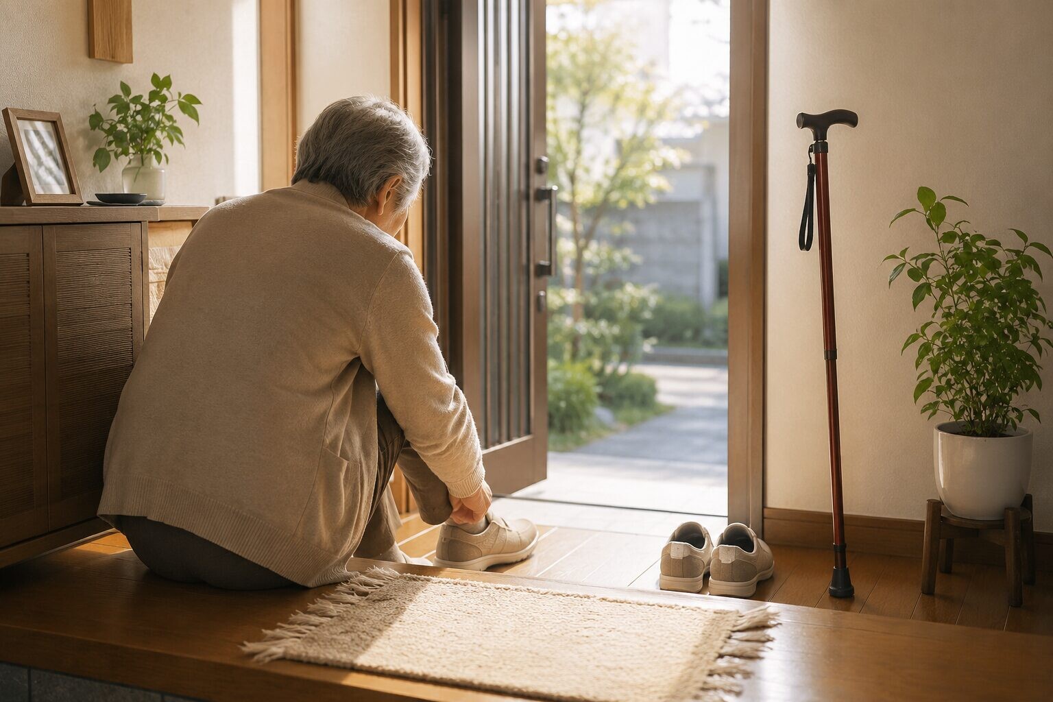 高齢の親が玄関で靴を履こうとしている後ろ姿。杖やスニーカー、外からの光が見え、最近の体力低下や外出機会の減少をやさしく表現した写真風イメージ。