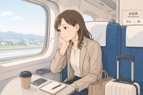 新幹線の車内で移動する女性のイラスト。遠距離介護で通う疲れや負担を表現した挿絵