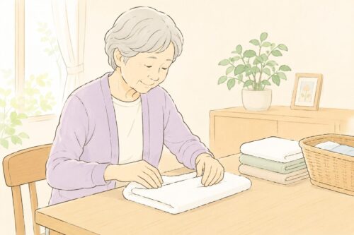 タオルを丁寧にたたむ高齢女性のイラスト