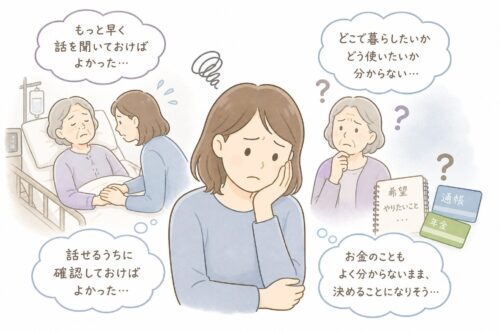 親の希望を聞けなかったことに不安や後悔を感じている家族のイラスト