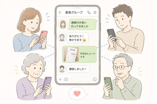 家族がスマートフォンで連絡を取り合い、通院や費用の情報を共有している様子を表したイラスト