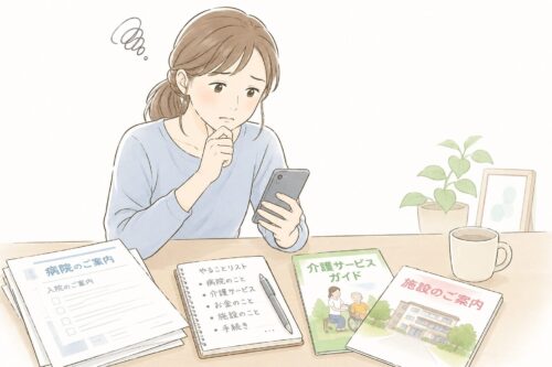 介護や施設の資料を前に、一人で悩みながらスマホを見る女性のイラスト