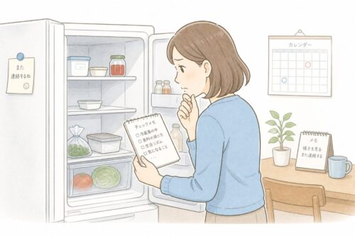 冷蔵庫の中やメモを確認しながら、親の生活の様子を落ち着いてチェックする女性のイラスト