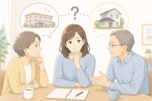 家族で話し合いながら施設利用や同居を検討する様子のイラスト。介護の選択に迷う場面を表現した挿絵