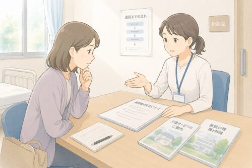 病院の相談室で、退院後の生活や介護サービスについて説明を受ける女性家族のイラスト。