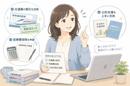 交通費の割引や医療費控除などの制度を確認する女性のイラスト。負担軽減の方法をイメージした挿絵