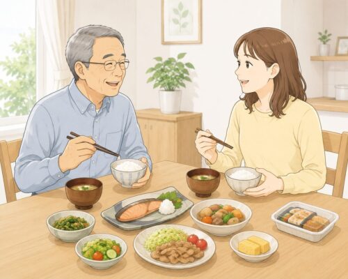 バランスの良い食事を囲む親子