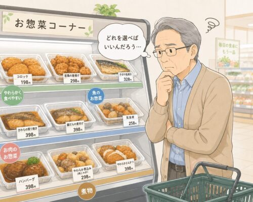 やわらかい食事を選ぼうと総菜売り場で悩む高齢男性