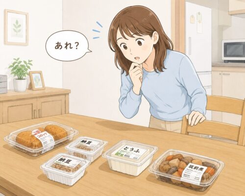 コロッケや納豆など同じような食品が並ぶ食卓