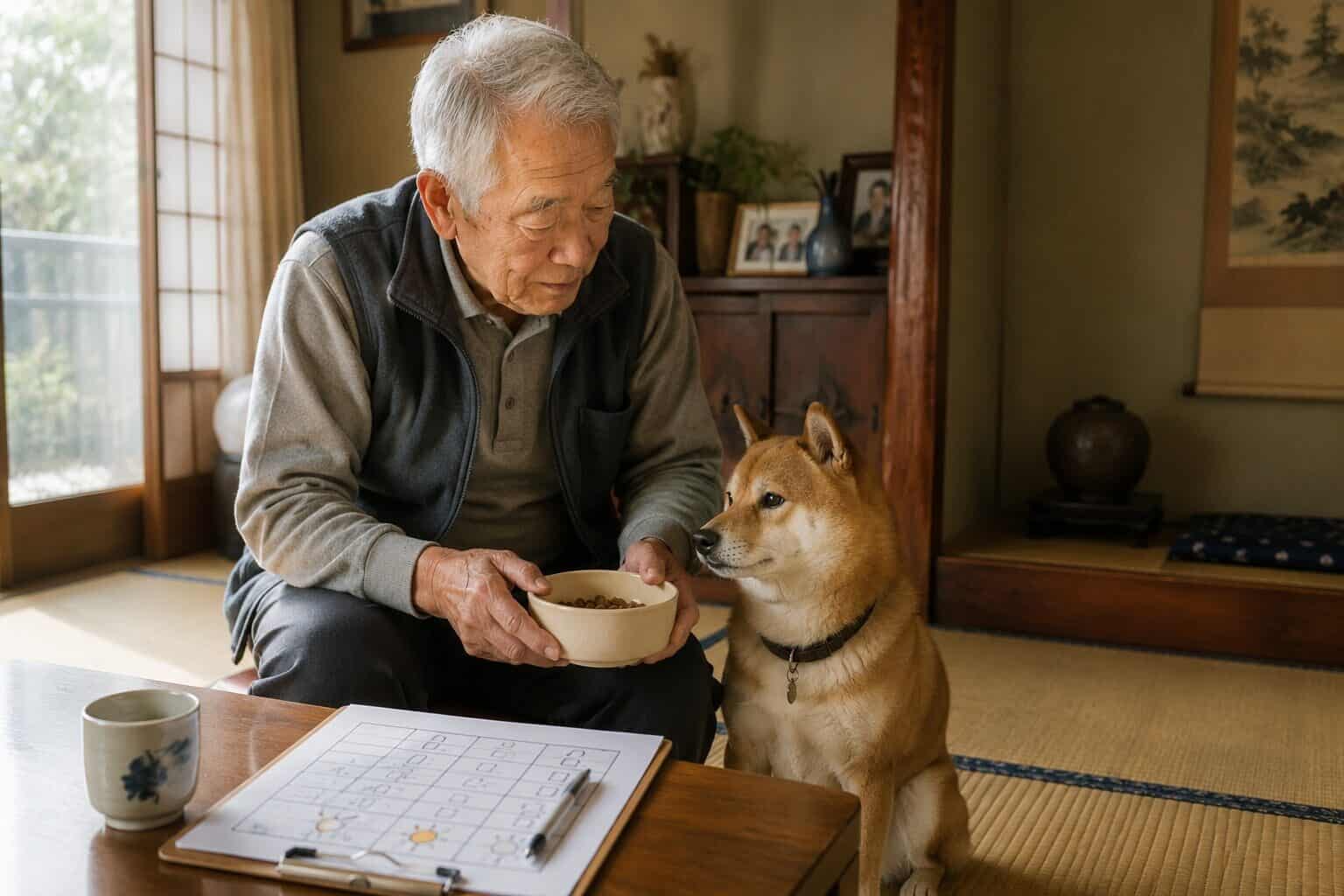 「畳のある自宅で、高齢男性が愛犬の柴犬にご飯をあげる様子」
