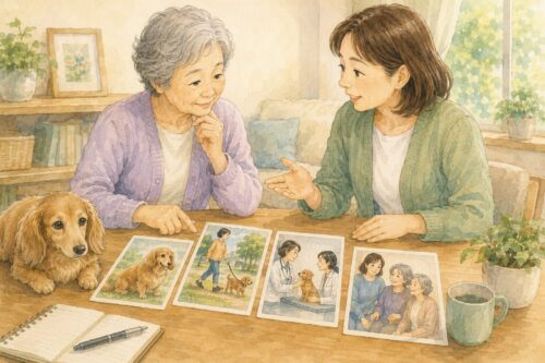 「高齢女性と娘が、犬の散歩や通院、将来の家族の支援について話し合う様子」