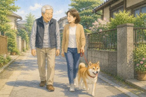 「高齢男性と娘が、柴犬の散歩を一緒に楽しむ様子」