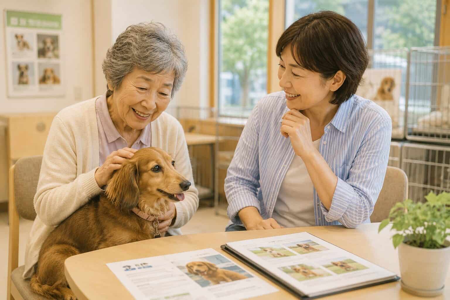 「犬の譲渡施設で、高齢女性と娘がミニチュアダックスを迎えることについて相談する様子」