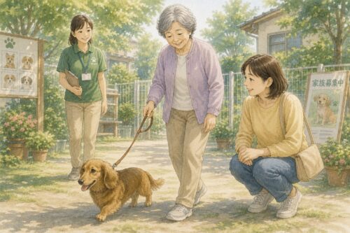 「高齢女性が譲渡施設で成犬のミニチュアダックスと散歩し、娘とスタッフが見守る様子」