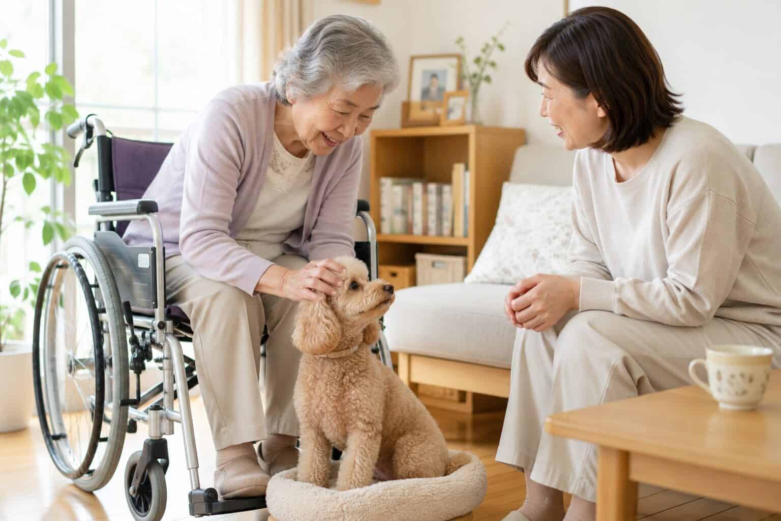 「車いすの高齢の母親と娘が、愛犬のトイプードルのこれからについて話し合う様子」