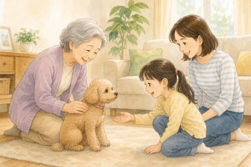 高齢の飼い主が、新しい家族になる親子とトイプードルを引き合わせる様子
