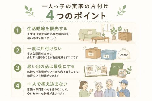 一人っ子が実家の片付けを進める4つのポイントをまとめたイラスト
