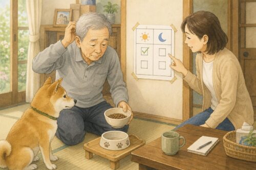 「高齢男性と娘が、柴犬の食事をチェック表で一緒に確認する様子」