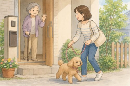 「高齢の母親に代わり、娘がトイプードルの散歩を手伝う様子」