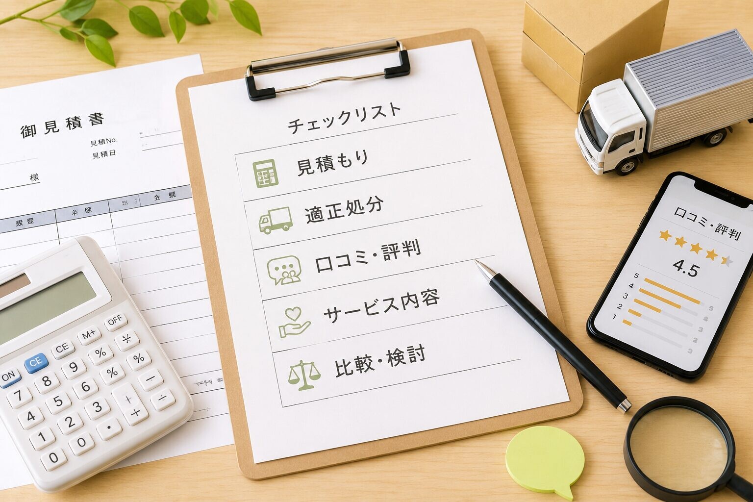 生前整理業者を選ぶ5つのポイントをイメージしたチェックリストと見積書