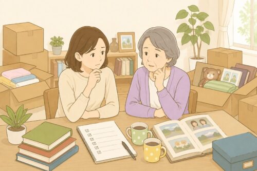 親子で実家の片付けや生前整理について相談しているイラスト