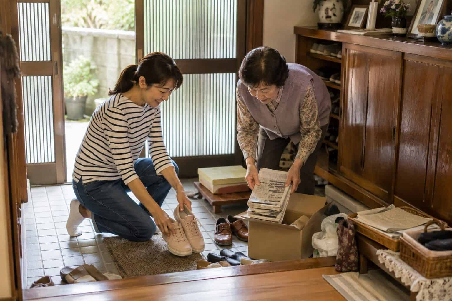 実家の玄関で、高齢の母親と娘が一緒に靴や荷物を整理しながら片付けを進めている様子