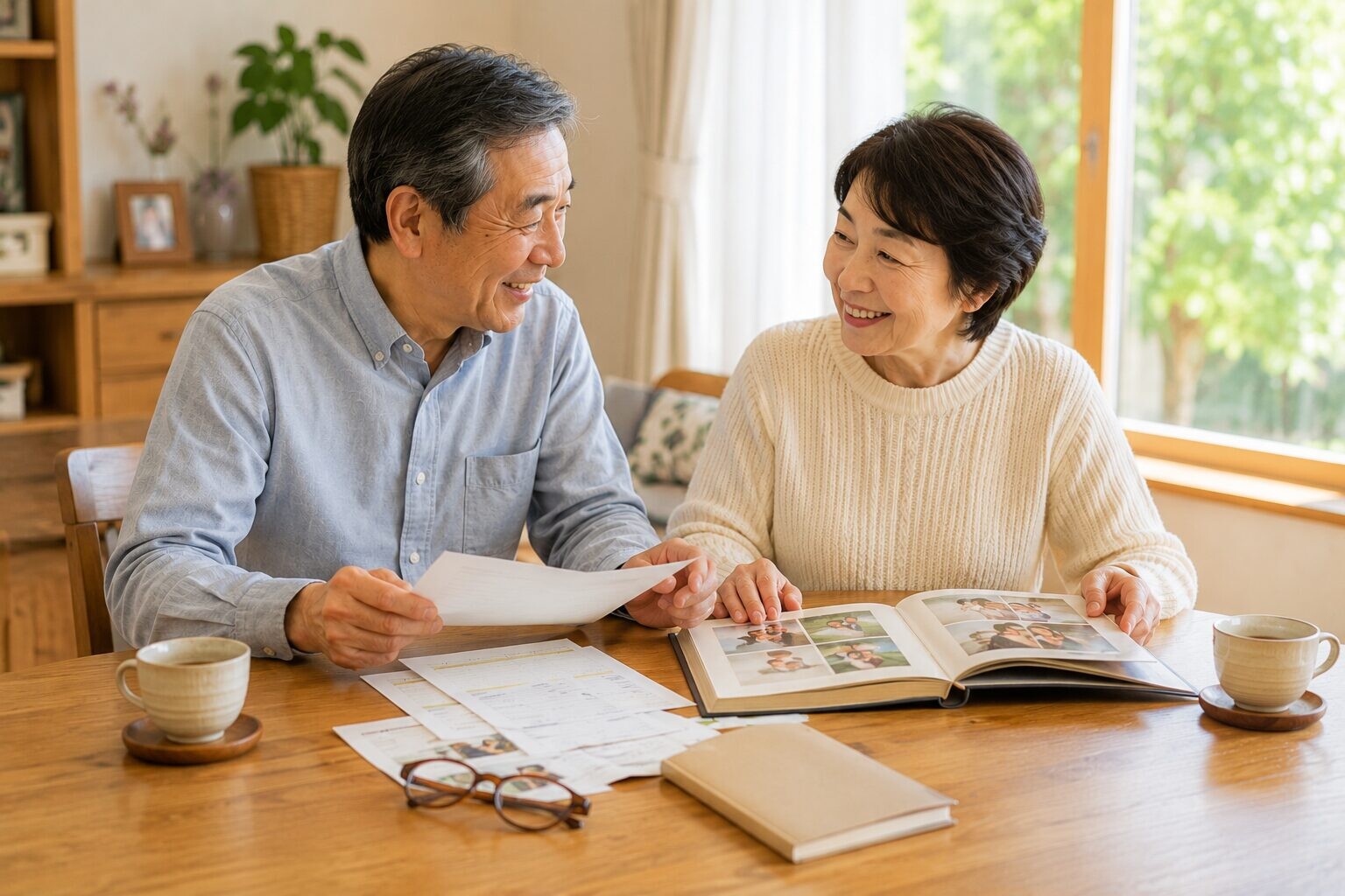 アルバムや書類を見ながら、生前整理について話し合うシニア夫婦