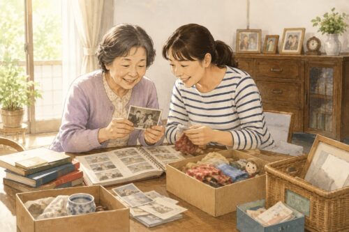 高齢の母親と娘がアルバムや思い出の品を一緒に見返しながら、会話を楽しみつつ実家の片付けを進めているイラスト